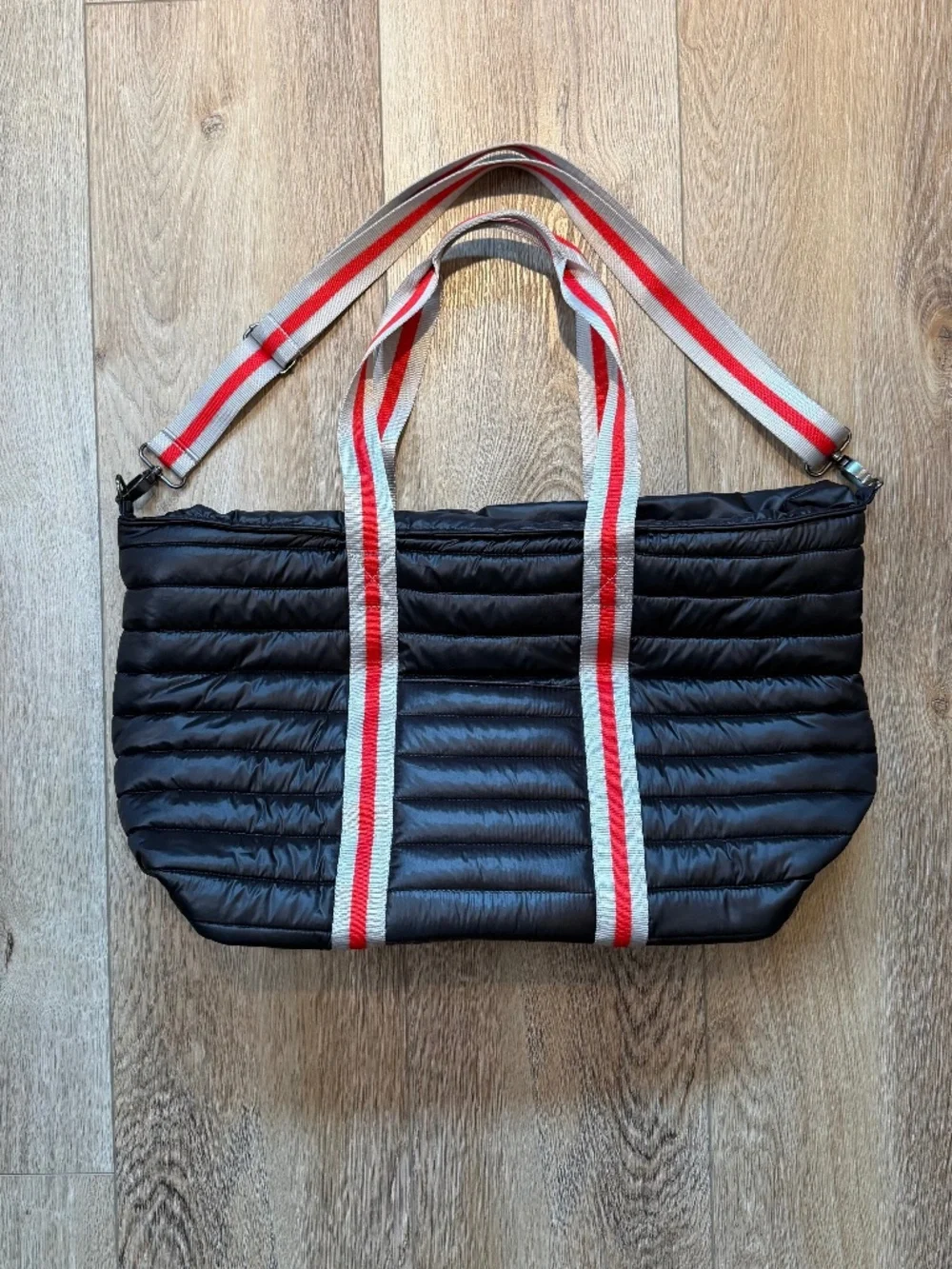 Think Royln Wingman Quilted Puffer Tote Black Red Silver Stripe